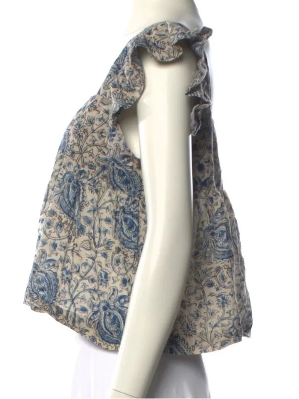 MATTA $175 • 18” PTP • Blue Floral Boho Square Neckline Ruffle Sleeve Top - Picture 5 of 10